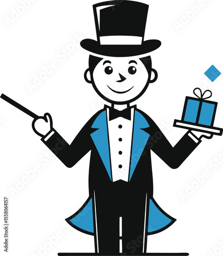 Cartoon magician in a tuxedo holding a magic wand and a gift box silhouette isolated on white background