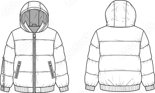 Technical flat sketch of winter puffer jacket with hood, front zipper, side pockets, elastic cuffs and waistband, vector drawing