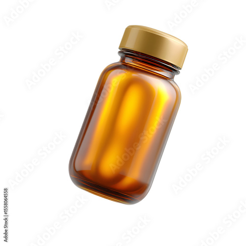 Closeup of an amber glass bottle containing health supplements or medication in a minimalist studio setting against a white background