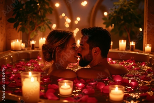 Romantic couple kissing in a hot tub filled with rose petals and candles.