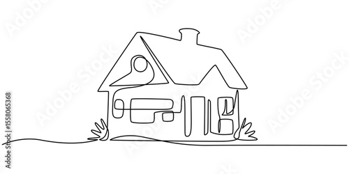 The house and tree icon is drawn in a continuous single line, Abstract country house in continuous line art drawing style. Family home minimalist black linear design isolated on white background.