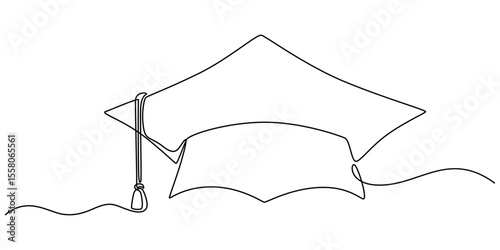 Continuous one line art drawing of graduation hat design vector illustration, Graduation hat one line illustration. Hand drawn sketch of student cap on white background, Continuous cap one line art.