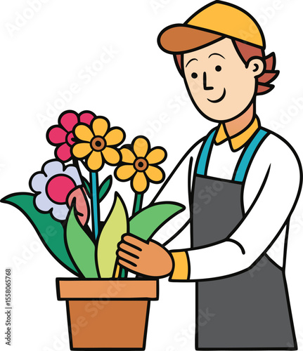 Smiling gardener in apron and cap tending to pot flowers isolated on white background