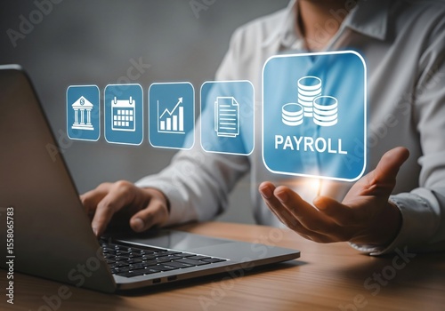 Payroll business finance concept, financial, accounting. Businessman using laptop with payroll icon for report financial information and do payroll.