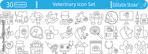 Veterinary icon set. Editable stroke line icons featuring pet hospital, dog, cat, syringe, stethoscope, medical cross, pawprint, clinic support, injection, and healthcare tools.