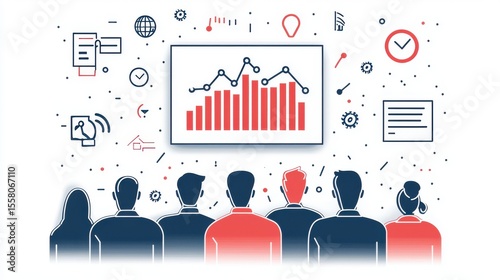 A group of business professionals viewing a data presentation with charts and graphs discussing analytics and strategy for their organization