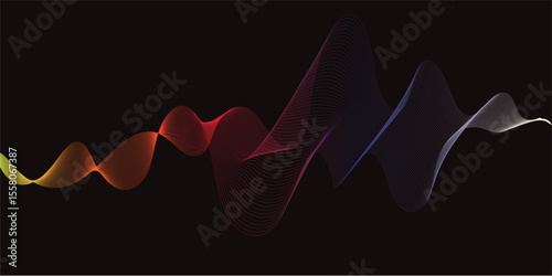 Colorful wave line flowing across a black background in red, yellow, blue, and white hues. Perfect for sound, tech, or abstract design. Keywords: wave, abstract, dark, colorful, tech