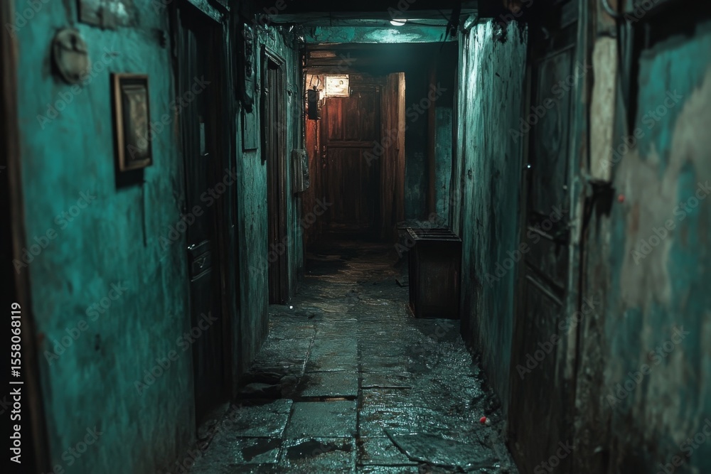 Obraz premium Dark narrow corridor with teal green walls and dim light