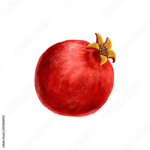 drawing fruit, red pomegranate isolated at white background, hand drawn illustration