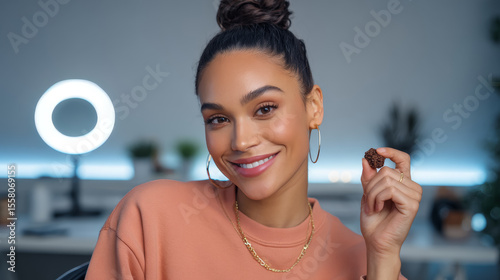 Confident beauty influencer live makeup tutorial home studio video