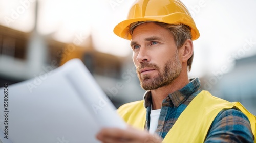 Construction engineer reviewing blueprint at site outdoor professional