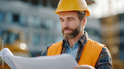 Construction engineer reviewing blueprints on site urban environment
