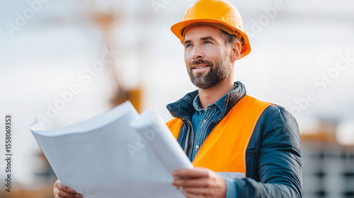 Construction engineer reviewing blueprints at embassy site