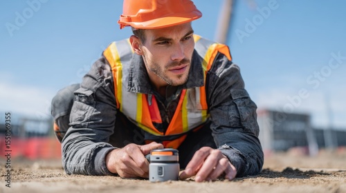 Construction engineer using laser tools at embassy site groundwork