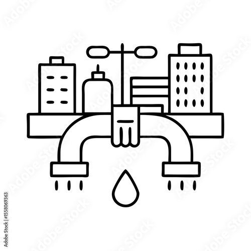 Urban water pipeline icon with city buildings and drop. Infrastructure distribution system concept. Vector outline illustration symbol for supply network