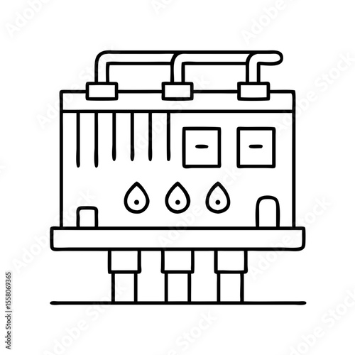 Water treatment plant or purification system icon depicting urban water supply equipment. Outline vector illustration for engineering, industry, environment, web design