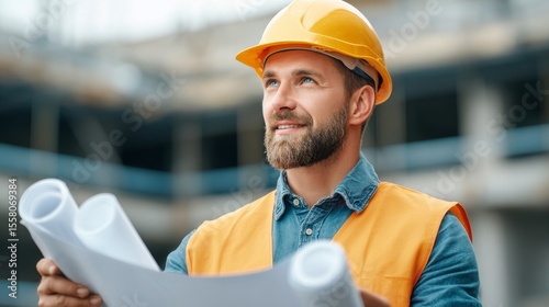 Construction engineer analyzing blueprints at building site