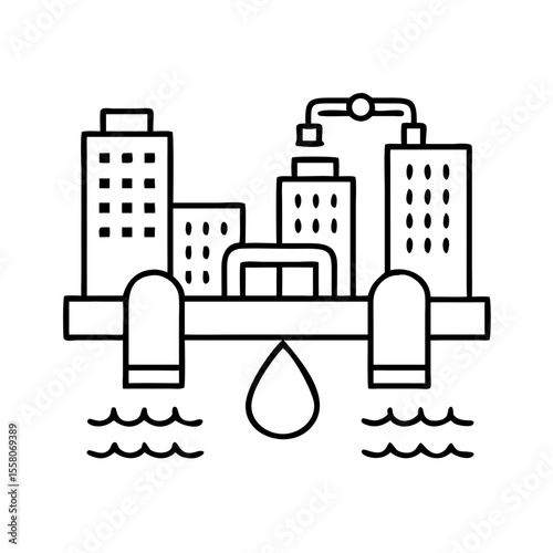 Мodern city buildings with water supply and sewerage system showing a water droplet and ocean waves. Urban water supply concept vector outline icon for app, website, presentation