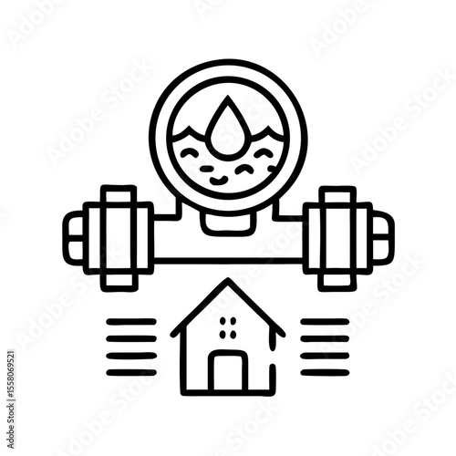 Water meter with pipe and residential house icon. Urban water supply concept. Vector outline symbol for website, app, infographic, and design