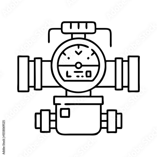 Water meter icon with pipeline on white background. Urban water supply and measurement concept. Doodle style vector illustration