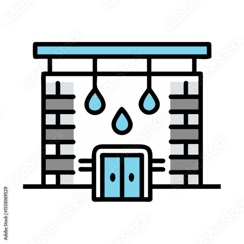 Water treatment plant icon with falling water drops. Urban water supply and purification concept. Vector icon for app, web design