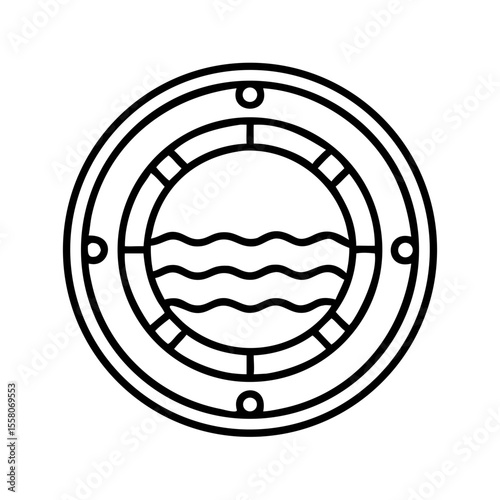 Porthole with wavy water lines inside. Nautical themed porthole icon in outline style. Concept of urban water supply, marine travel. Vector symbol for app, web.
