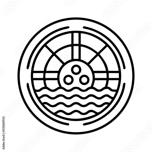 Manhole wastewater pipe, water flow under street, urban sewerage system. Thin outline style icon for municipal engineering, infrastructure vector illustration