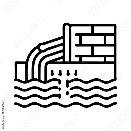 Sewer pipe discharging wastewater into water reservoir or river. Pollution and environmental contamination concept. Vector icon for urban water supply system