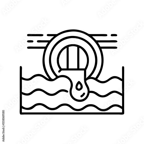 Drain pipe discharge water stream line black icon urban water supply and sewerage concept vector illustration for website design app graphic