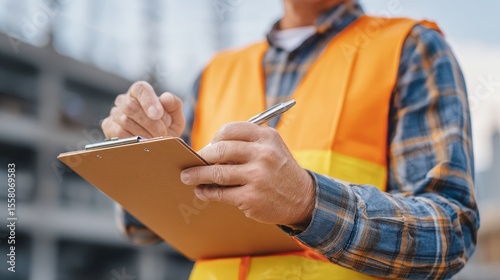 Construction supervisor reviewing safety checklist at embassy site