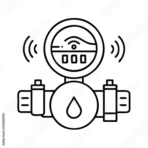 Smart water meter with wireless signal icon for urban water supply management. Outline vector illustration for website, application design