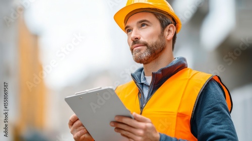 Construction manager inspects embassy site urban area professional setting