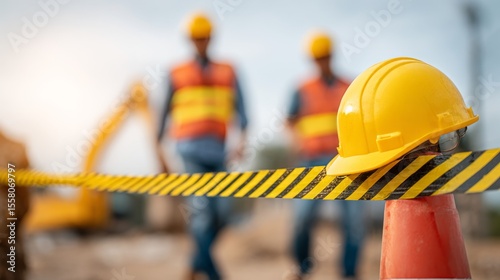 Construction workers setting up caution tape at job site
