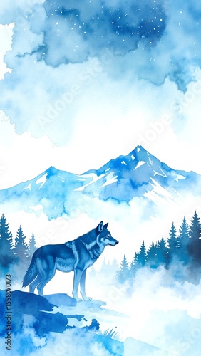 A majestic wolf stands proudly atop a rugged mountain peak, its fur glistening in the sunlight, overlooking a breathtaking valley below.