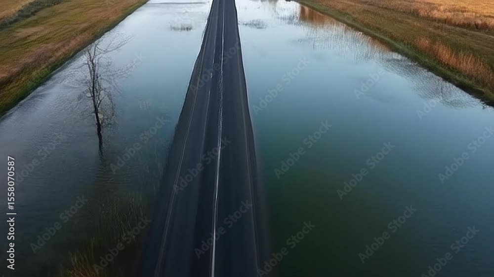 Aerial view of a straight road cutting through a flooded landscape with sparse trees and grass during daylight