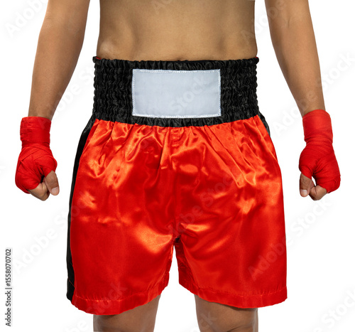 Man wearing  Red Muay Thai shorts isolated on white background, Boxing sports shorts, Muay Thai shorts on White With clipping path PNG File.