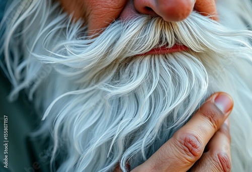 Close-up of a weathered hand stroking a long white beard,  hand,   legend