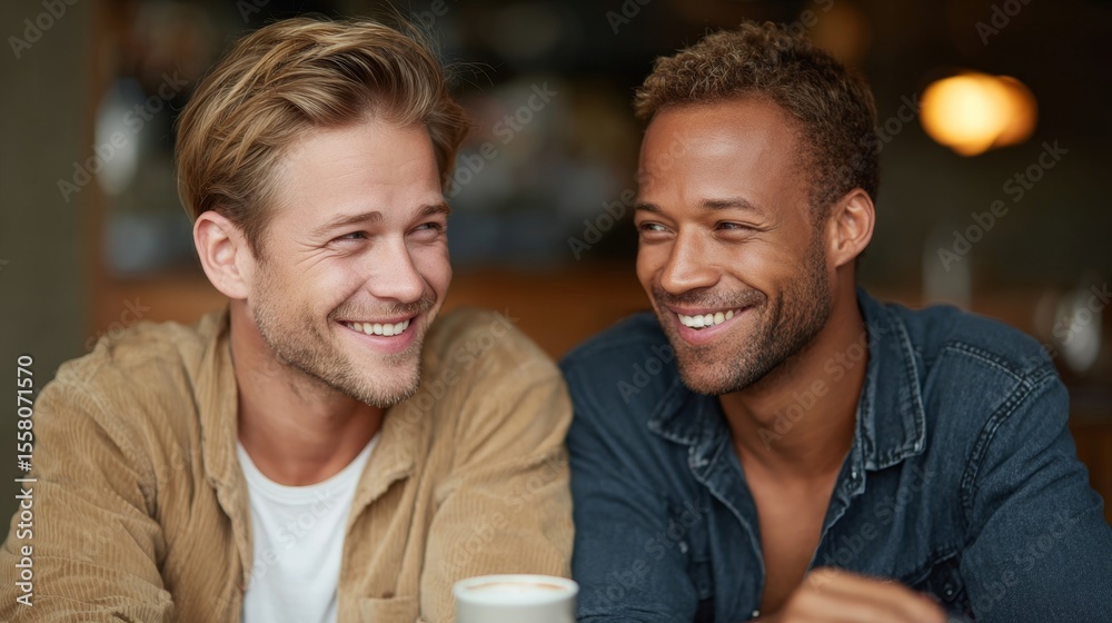 Fototapeta premium Two men laughing at table in urban lifestyle photography