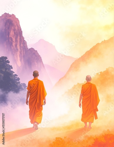 Two serene monks in traditional robes stroll along a winding mountain path, surrounded by lush greenery and towering peaks under a clear blue sky.