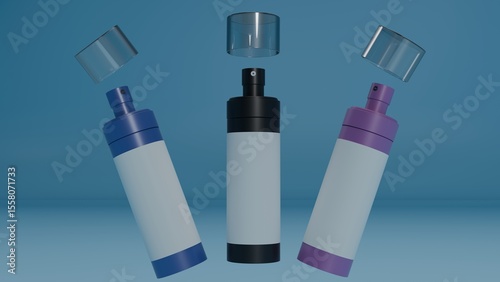 3D render of three colorful spray bottles with transparent caps on a blue background. Perfect for branding, cosmetics, or product mockup design.
