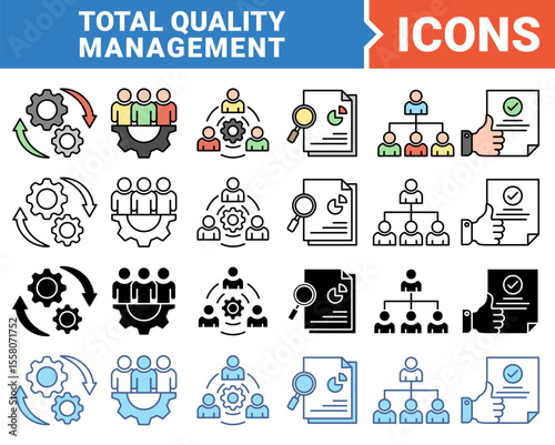 Total quality management icon set with multiple style collection.