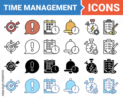 Time management icon set with multiple style collection.