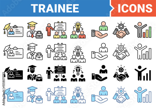 Trainee icon set with multiple style collection.