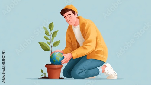 Young activist planting tree for climate action urban environment illustration