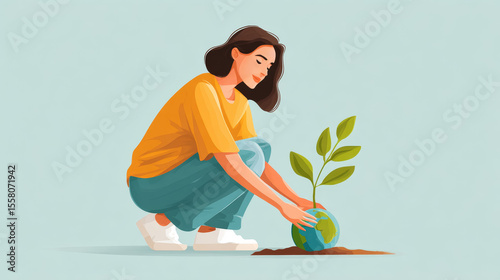 Young activist planting tree to combat global warming outdoors