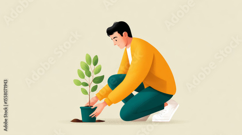 Young activist planting tree global warming awareness nature garden close-up