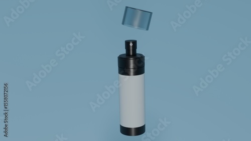 3D render of a cosmetic spray bottle with a transparent cap, set against a soft blue background. Ideal for branding, packaging, or product mockups