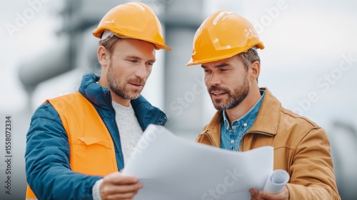 Architect and engineer review blueprint at embassy site urban area