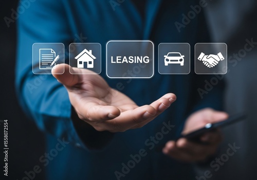 Fototapeta Naklejka Na Ścianę i Meble -  Leasing business concept, Businessman showing LEASING icon on virtual screen. Contract management, analyze leasing options and finance agreements for assets and vehicles.