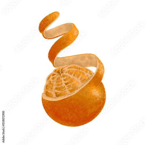 drawing fruit, orange with spiral of peel isolated at white background